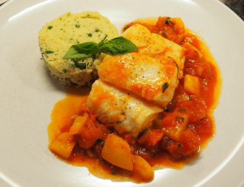 Cod stewed in veggies with a couscous full of herbs