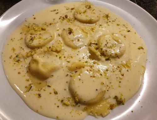 Ravioli with a pear and blue cheese filling