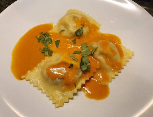 Ravioli with Dutch shrimps and lobster sauce